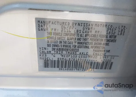 2022 Nissan Sentra S Xtronic Cvt z USA, uszkodzony, nr VIN 3N1AB8BV9NY280233